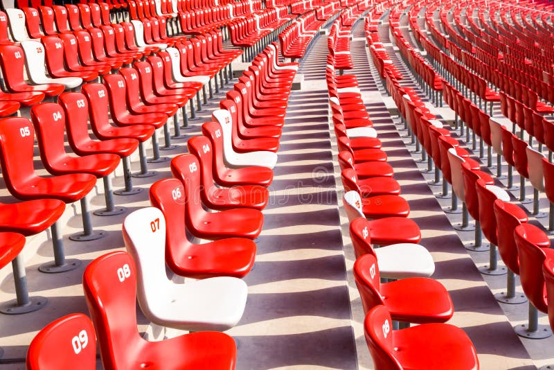 Red Chairs Bleachers in Large Stadium Stock Image - Image of aisle ...