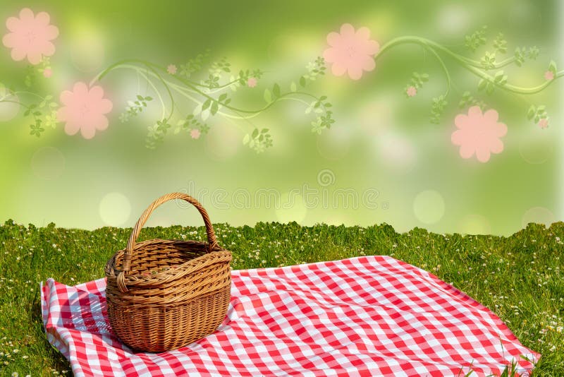 Red Checked Picnic Blanket with Empty Basket on a Meadow Over Abstract