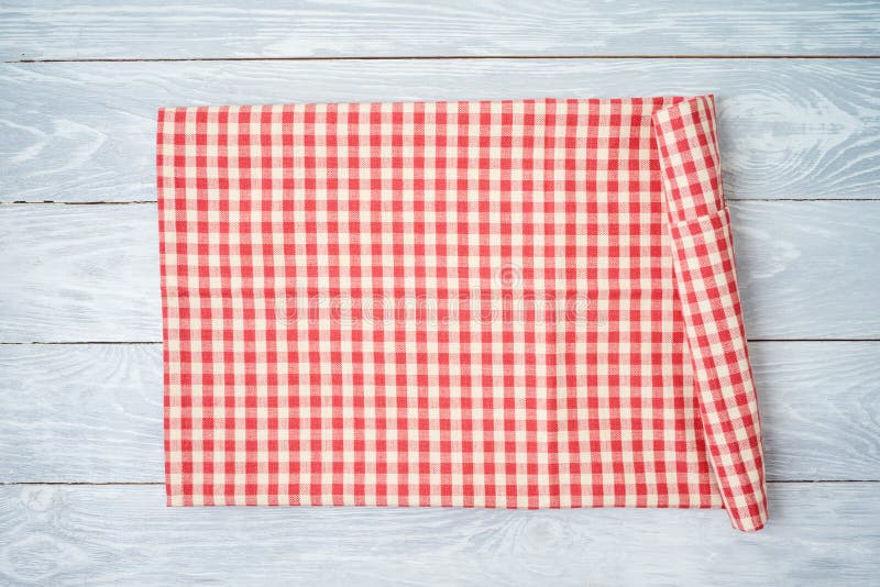Red Checked Tablecloth On Rustic Wooden Table. Kitchen