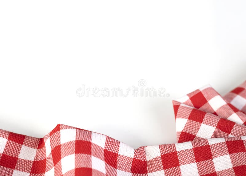 Red checkered picnic cloth folded top view on white background. Gingham crumpled towel empty copy space.Kitchen napkin