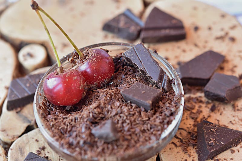Red Cherry in Chocolate Chips and Dark Chocolate Pieces. Dessert Stock Image Image of fruit
