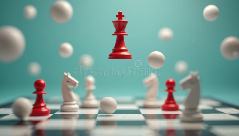 Red chess king hovers over chessboard with white spheres floating. Abstract chess concept emphasizes strategy, advantage royalty free illustration
