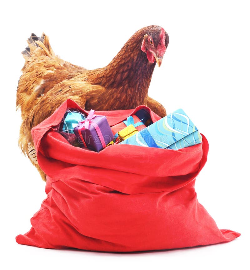 Red chicken and bag of gifts.