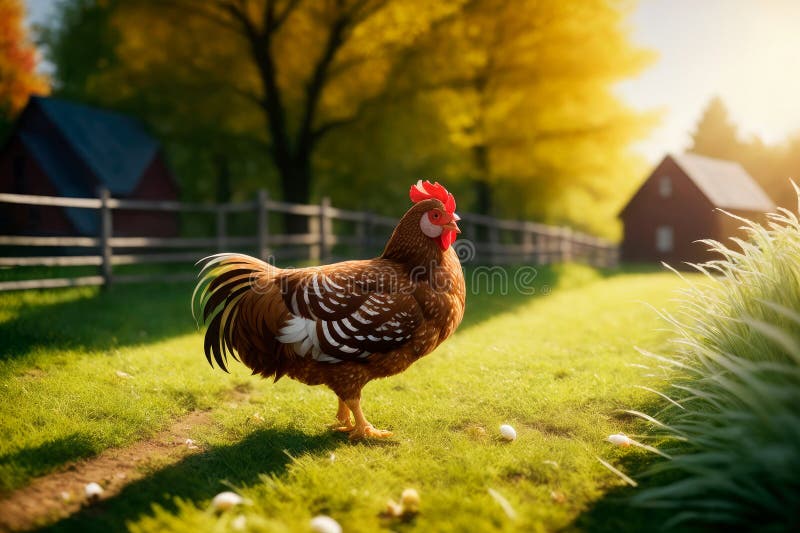 Red chicken on a farm in nature. Hen in a free range farm. Chicken walking in the farm yard. Generative AI