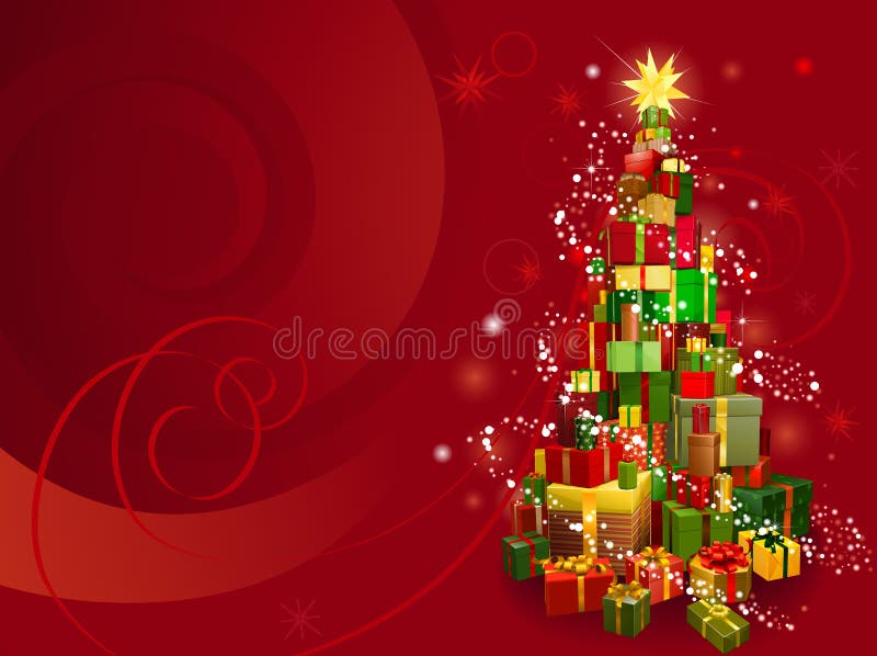 Red Christmas gift tree background with snowflakes and swirls. Pile boxes vectors