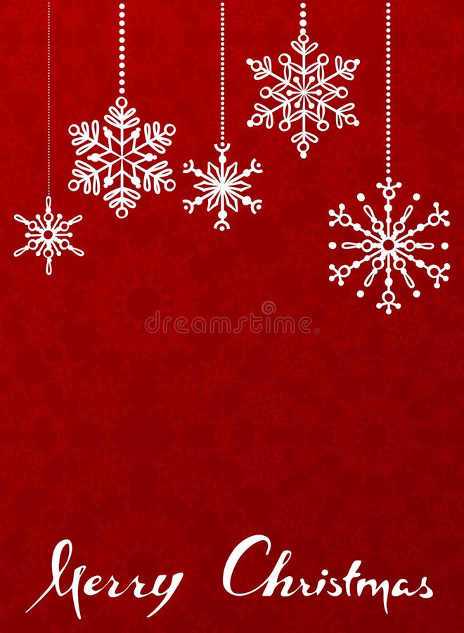 Red Christmas background with hanging snowflakes.