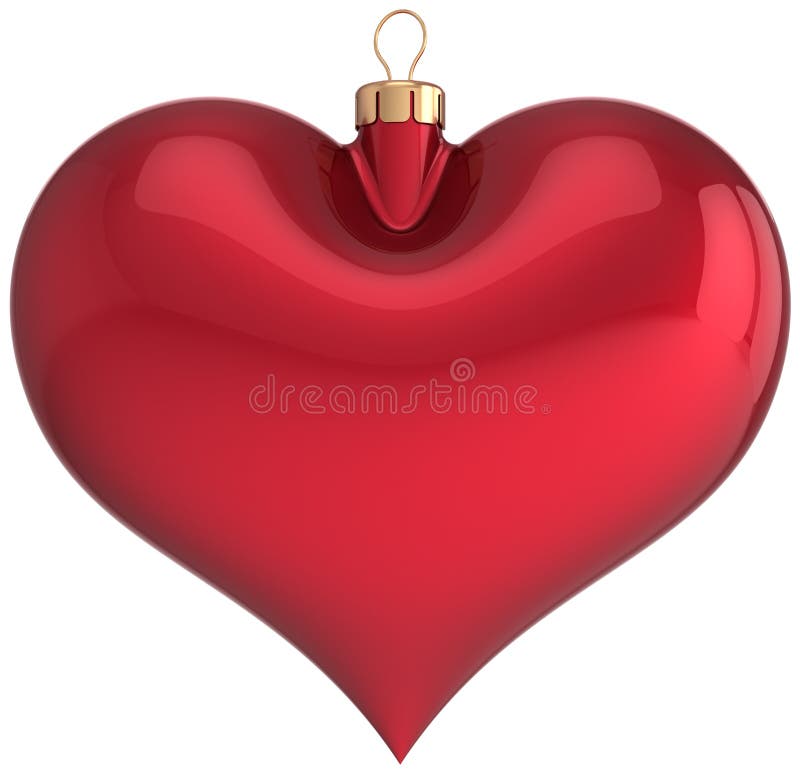 Red Christmas ball heart shaped blank decoration Happy New Year love bauble. Merry Xmas greeting card. Traditional winter holidays icon concept. Detailed 3d render. Isolated on white background. Shaped gift illustrations