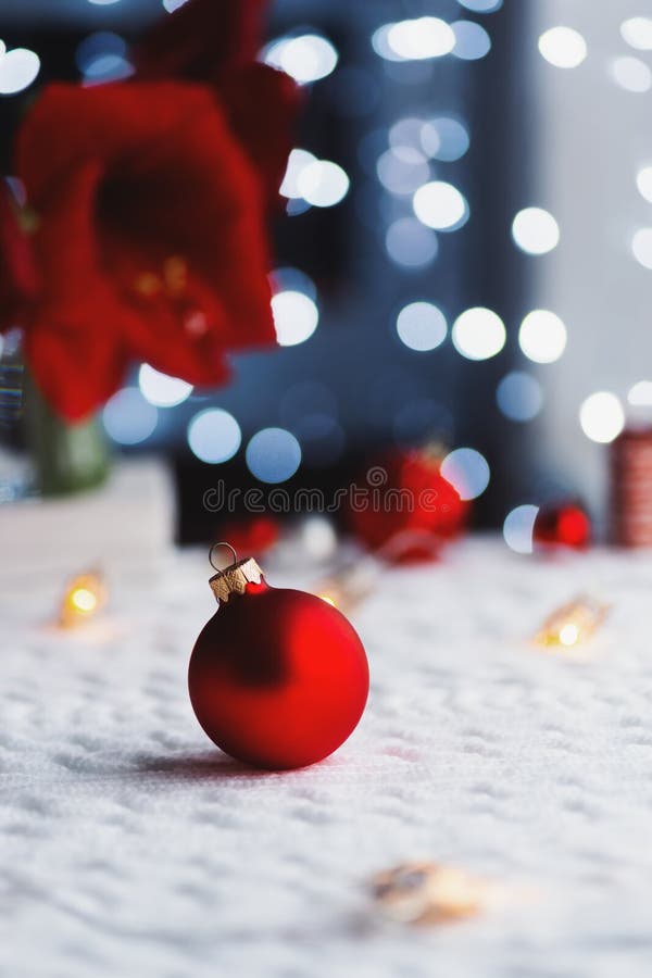 Red Christmas Ball Indoor with Home Festive Decor and Blurred Bokeh ...