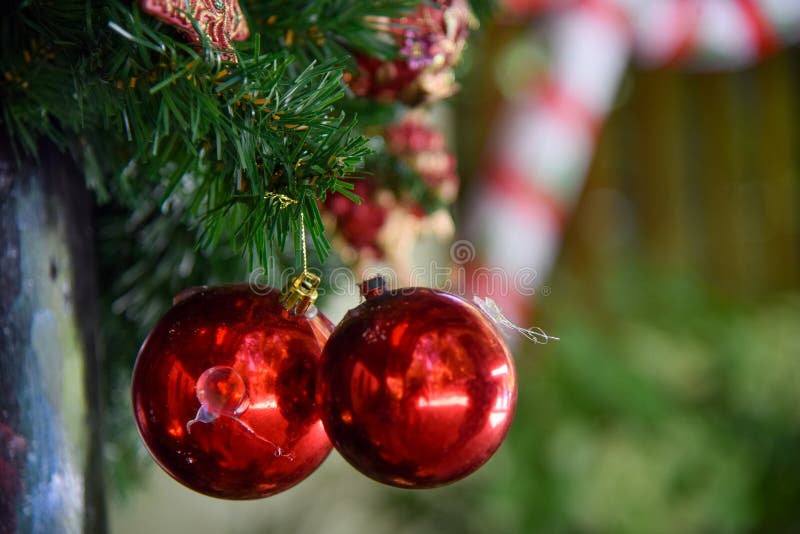 Red Christmas Balls on the Artificial Christmas Tree Stock Image