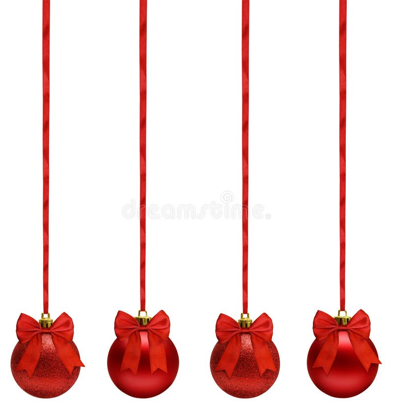 Red christmas balls hanging on ribbon bow in a row, clipping pat