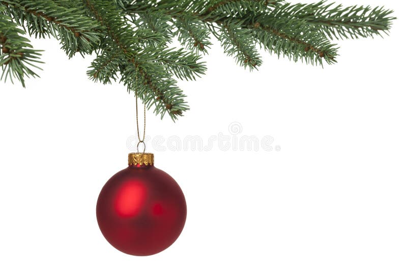 Rosso Natale pallina appesa sull'albero di pino per le vacanze di sfondo.