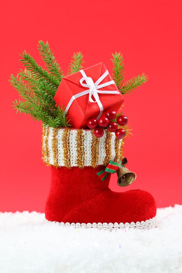 Red Christmas Boot With Gift Stock Photo - Image of massage, snowflake ...