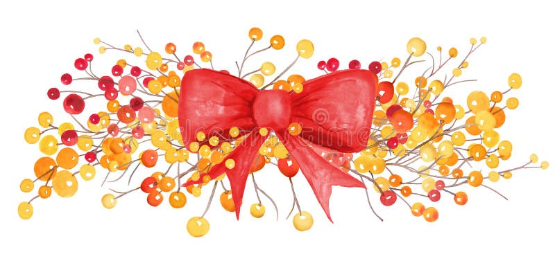 Red Christmas bow on yellow orange berries isolated on white background in cute country berry design painted watercolor