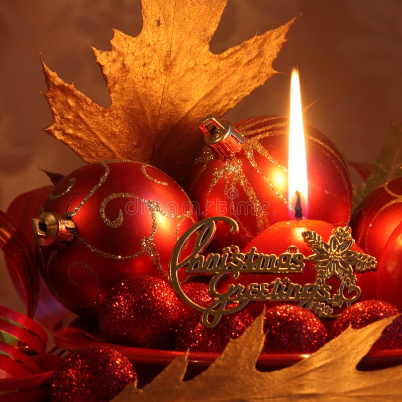 Red Christmas Card : Balls & Candle - Stock Photos