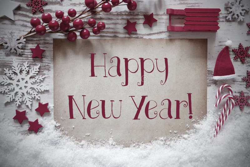 Red Christmas Decoration, Snow, English Text Happy New Year Stock Image