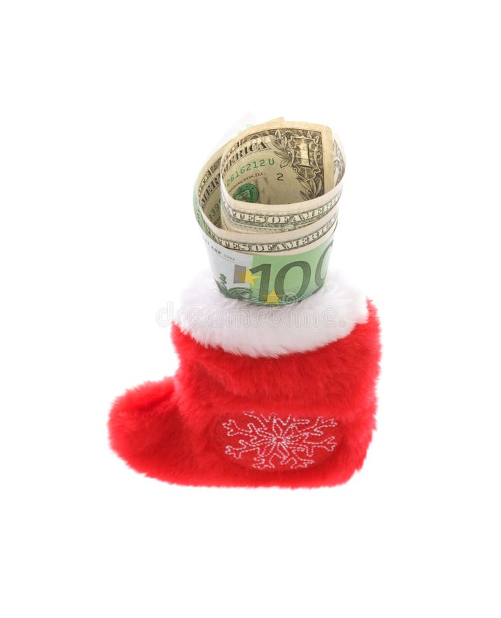 Red christmas sock with euro and dollar cash money