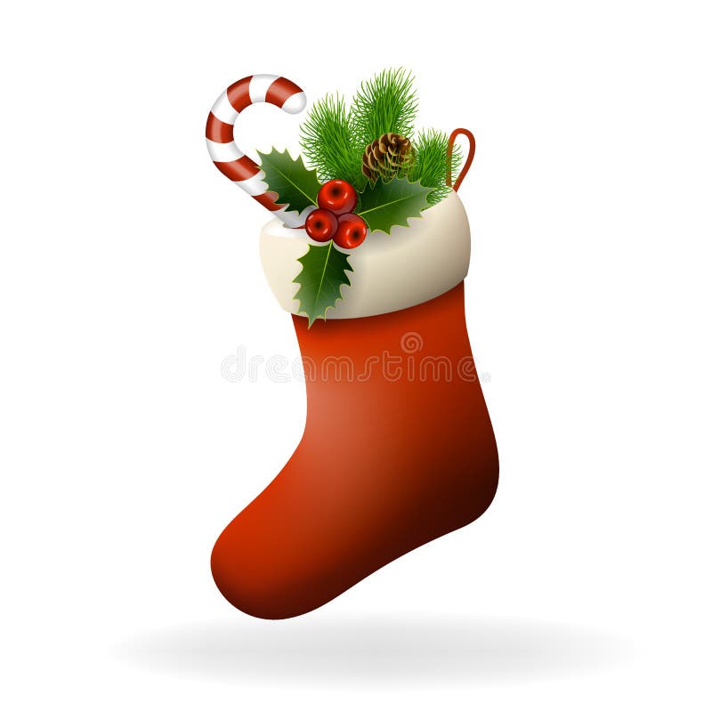 Red Christmas sock with holly berries, candy and fir branch. Xmas greeting card