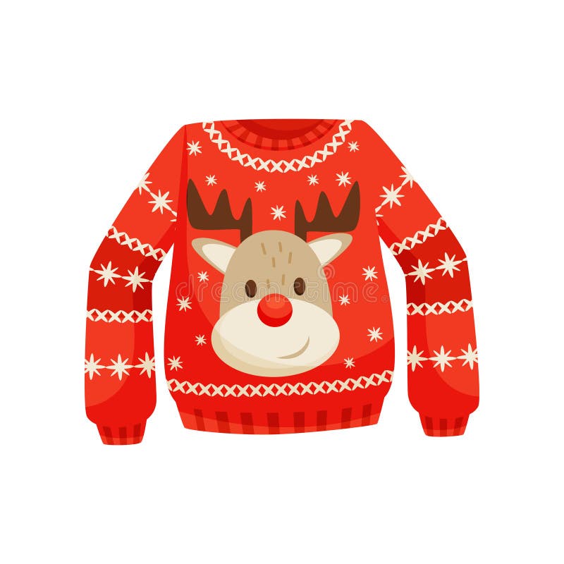 Red Christmas Sweater, Knitted Warm Jumper with Cute Reindeer Vector ...