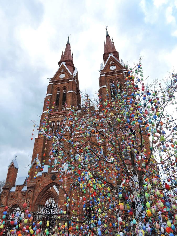 Red church and Easter eggs tree, Lithuania