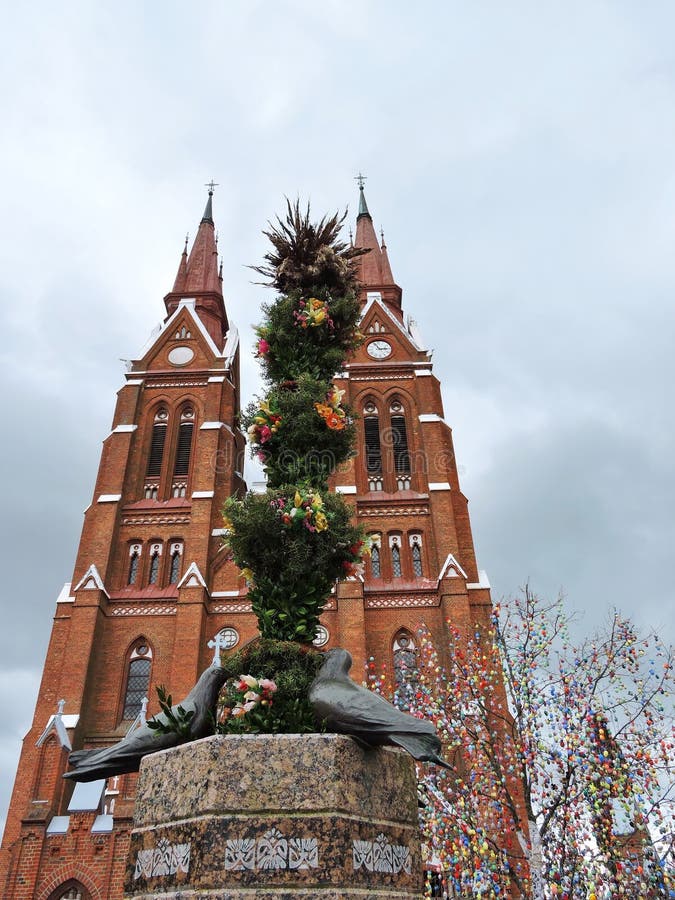 Red church and Easter eggs tree, Lithuania