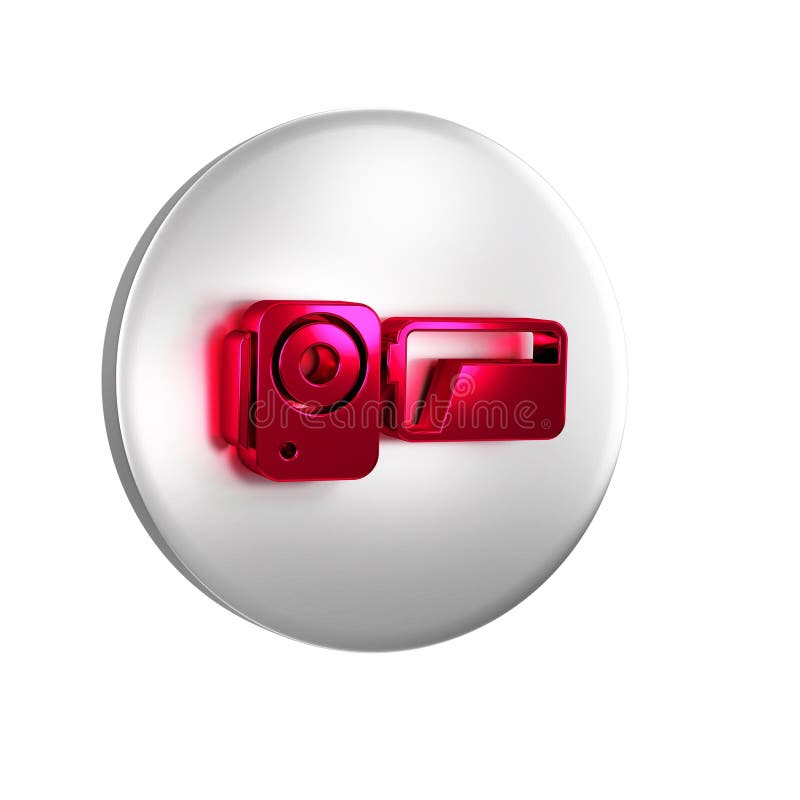 Red Cinema camera icon isolated on transparent background. Video camera. Movie sign. Film projector. Silver circle button..