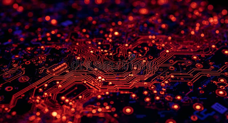 Red Circuit Board Glow. A CloseUp View of Complex Technology Network, Tech Art
