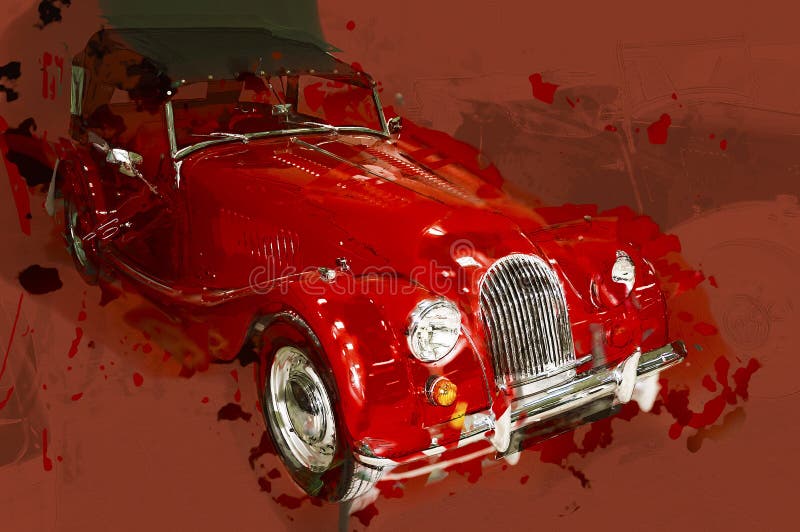 Red classic car. Drawn illustration.