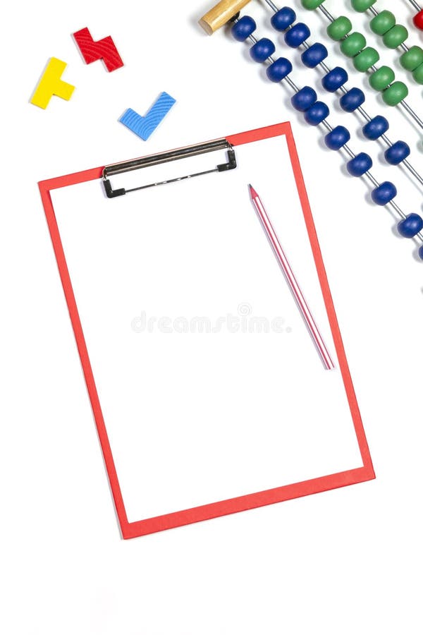 Red Clipboard With Blank Sheet Of Paper Colorful Bricks Puzzles Wooden Abacus On White Background Stock Photo Image Of Kindergarten Child 188136124
