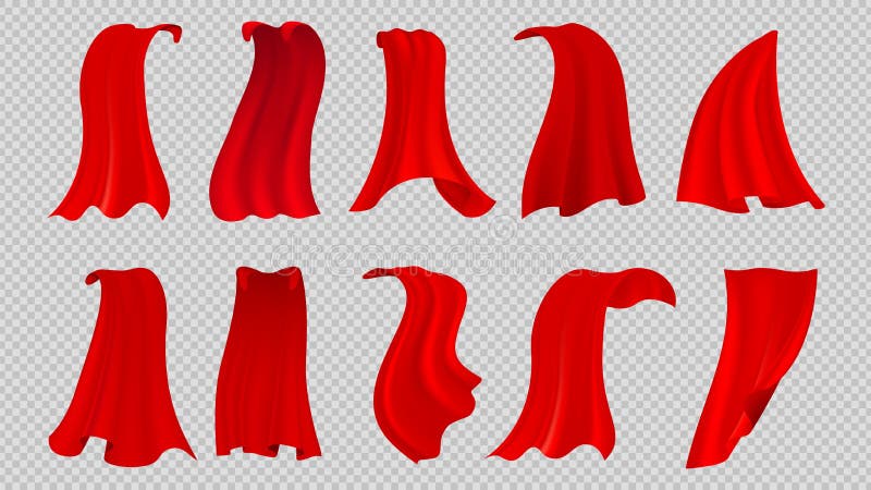 Red cloak. Textile silk cape, hero or king garment. Isolated party clothing, flowing fabric waves or curtains. Flying stock illustration