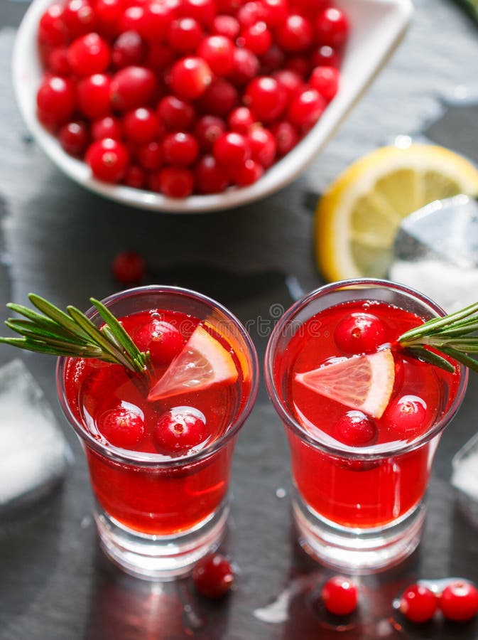 Red Cocktail with Fresh Cranberries, Lemon, Rosemary and Vodka Stock