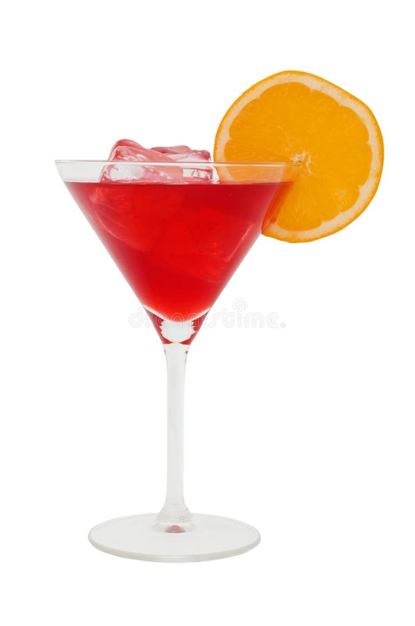 Red cocktail with a slice of orange and ice cubes