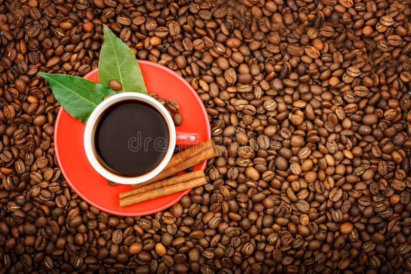 A Red Coffee Cup Stands on the Grains of Fried Coffee. Stock Photo