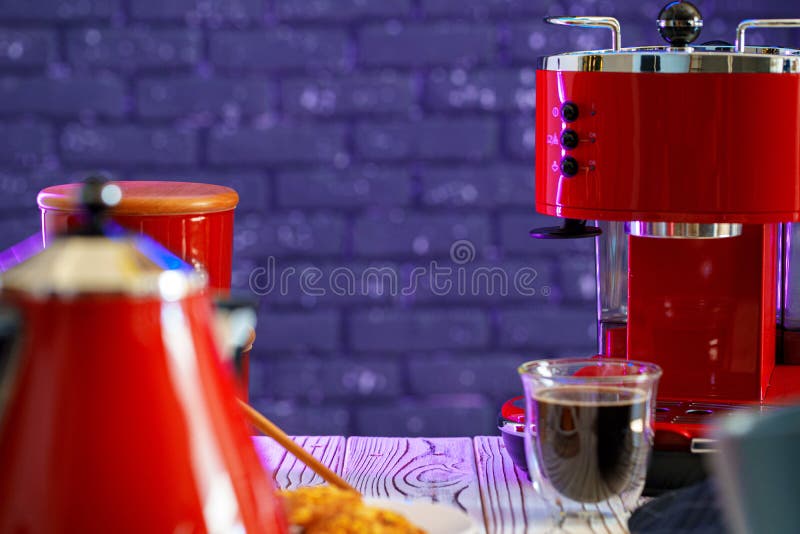 Red Coffee Machine on Kitchen Table Close Up Stock Image Image of
