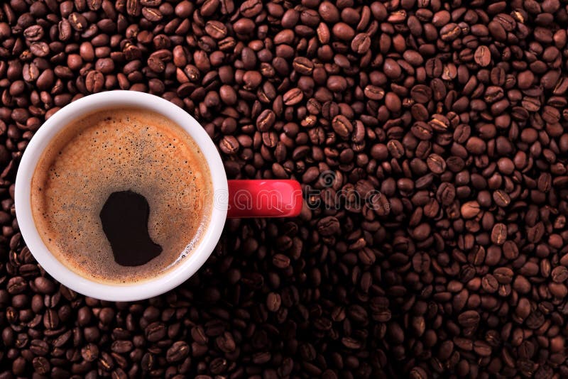 Red Coffee Mug Americano Beans Background Tall Square Format Stock