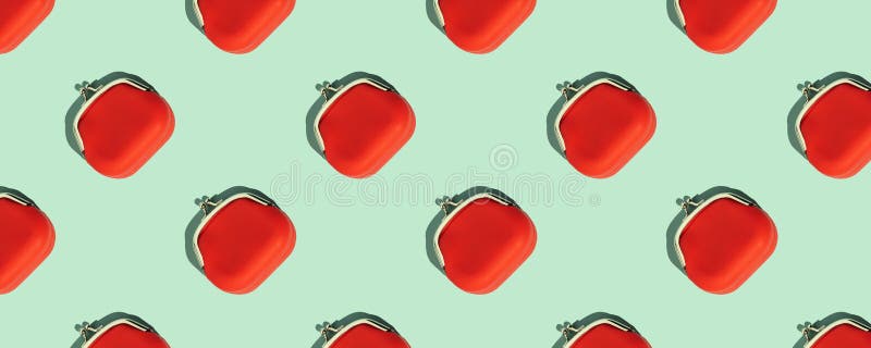 Red Coin Purse on blue background, flat lay banner stock images