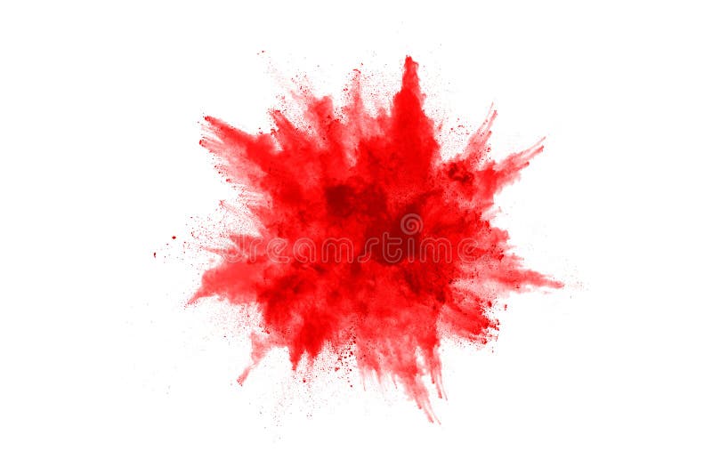 Red color powder explosion on white background royalty free stock photo