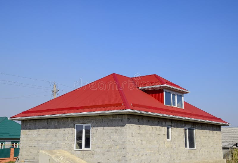 House of Cinder Block. House with Plastic Windows and Roof of Corrugated Sheet. Roofing of Metal Profile Wavy Shape on the House Stock Photo - Image of roofs, sheet: 141464582