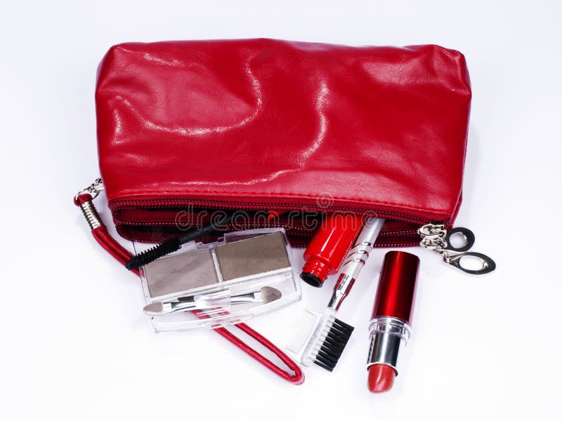 Red Cosmetic Bag Full of Items Stock Photo Image of tube, brush 18686230