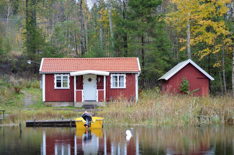 Red cottage stock photo. Image of lake, country, white 34196164