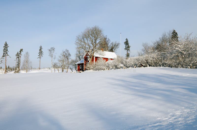Red cottages in winter