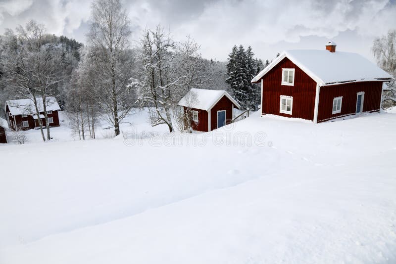 Red cottages in winter