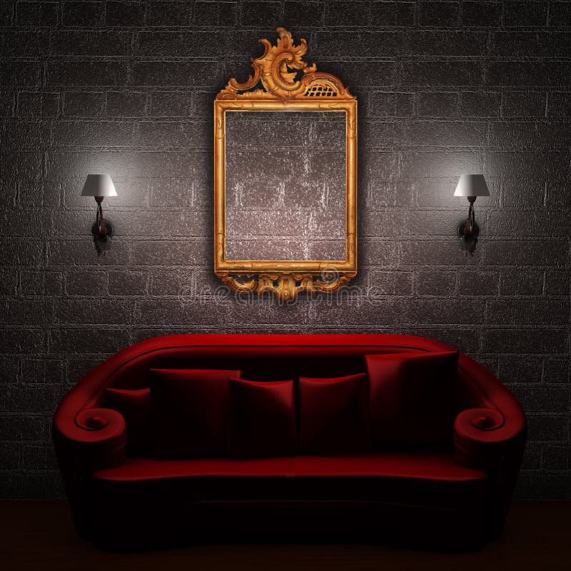 Red couch with empty frame and sconces