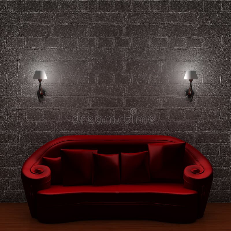 Red couch with empty frame and sconces