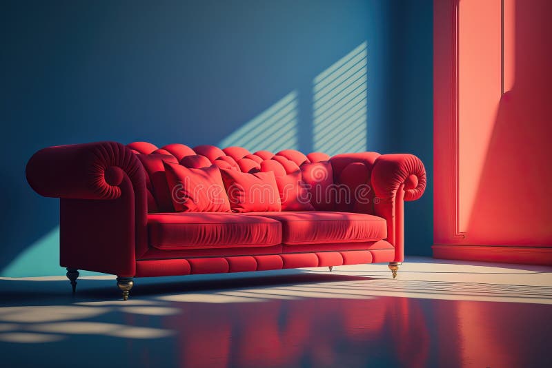 Red Couch with Pillows in Room with Blue Wall Stock Illustration