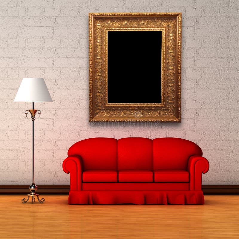 Red couch with standard lamp and picture frame