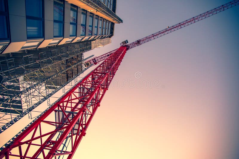 Large, Red Crane at the Coop Tower in Basel, Forced Perspective. Large, Red Crane at the Coop Tower in Basel, Forced Perspective