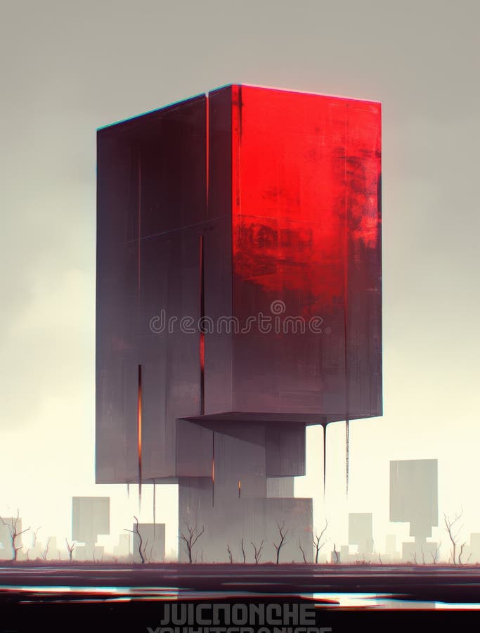 Red Cube Futuristic Building Art stock illustration