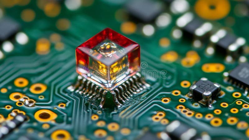 Red Cube Microchip on Green Circuit Board royalty ilustracja