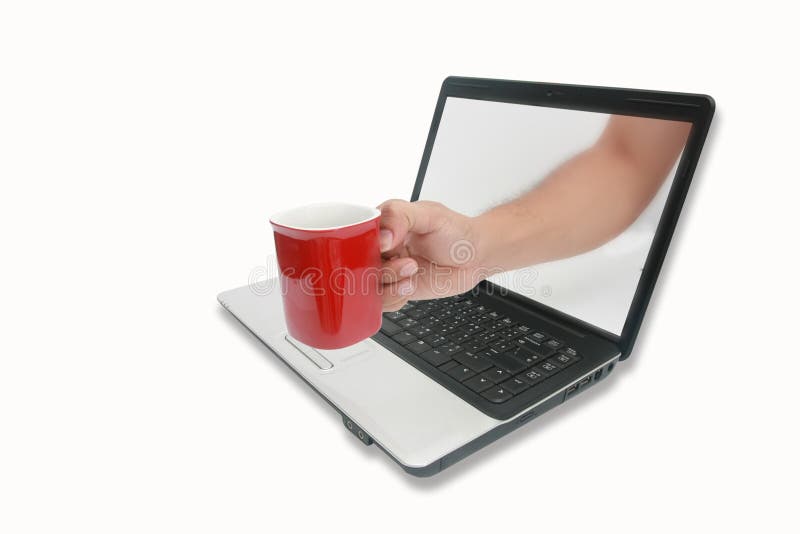 A red cup of coffee through the computer