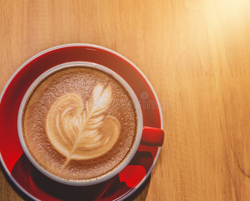 Red Cup Of Hot Latte Coffee With Latte Art Stock Photo - Image of